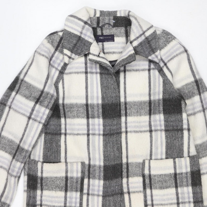 M&S Women Grey Plaid Wool Blend Mid-Length Open Coat Size 14