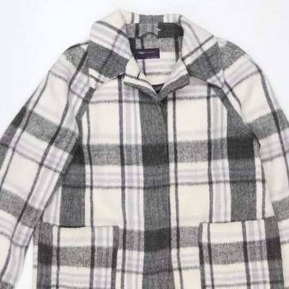 M&S Women Grey Plaid Wool Blend Mid-Length Open Coat Size 14