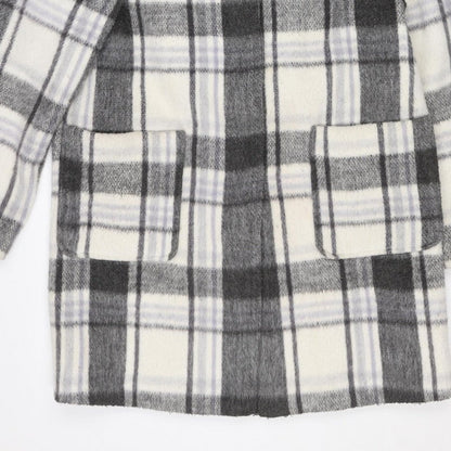 M&S Women Grey Plaid Wool Blend Mid-Length Open Coat Size 14