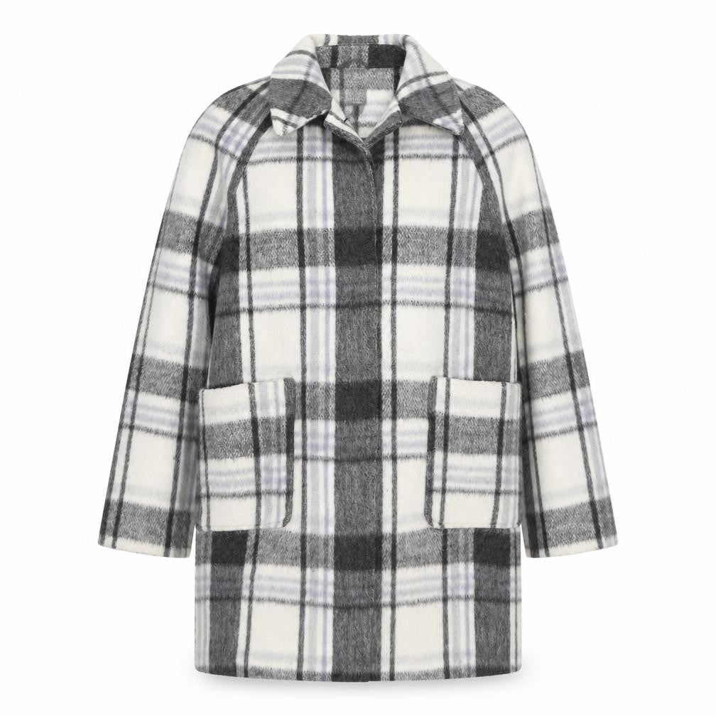 M&S Women Grey Plaid Wool Blend Mid-Length Open Coat Size 14