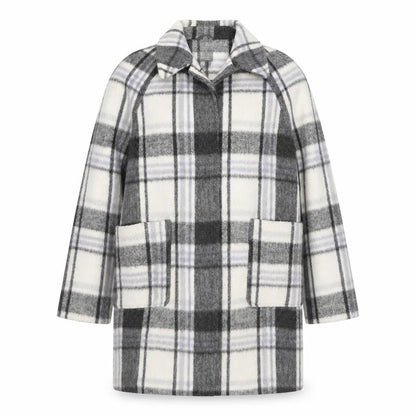 M&S Women Grey Plaid Wool Blend Mid-Length Open Coat Size 14
