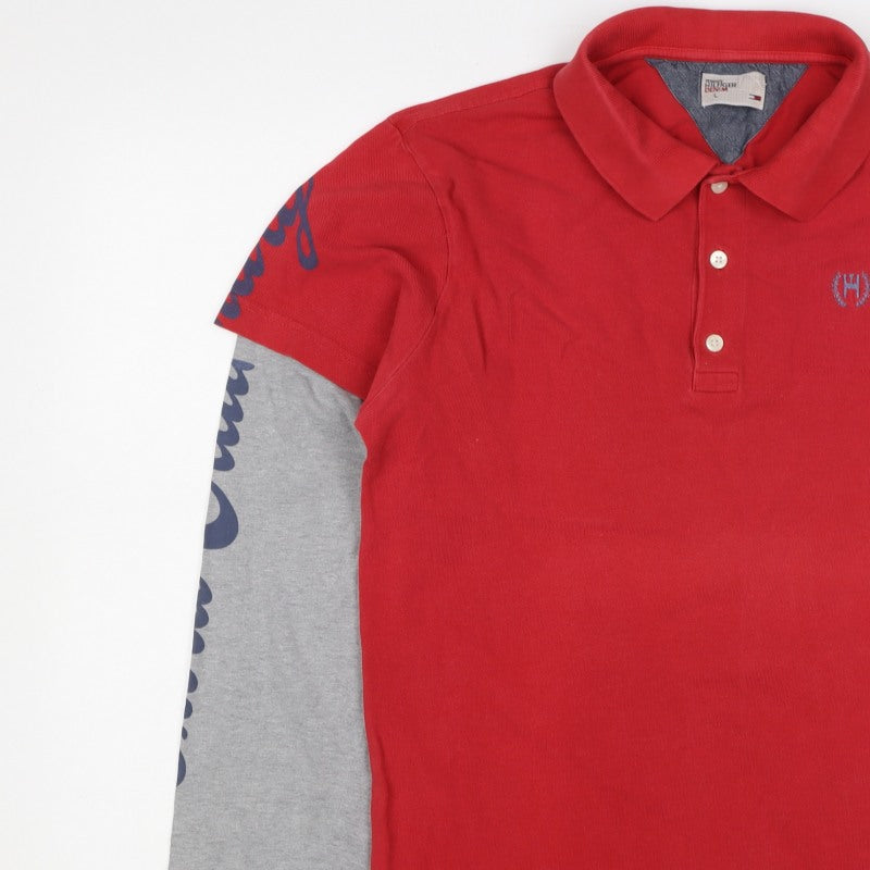 Tommy Hilfiger Men's Red Grey L Long Sleeve Layered Logo Polo Shirt