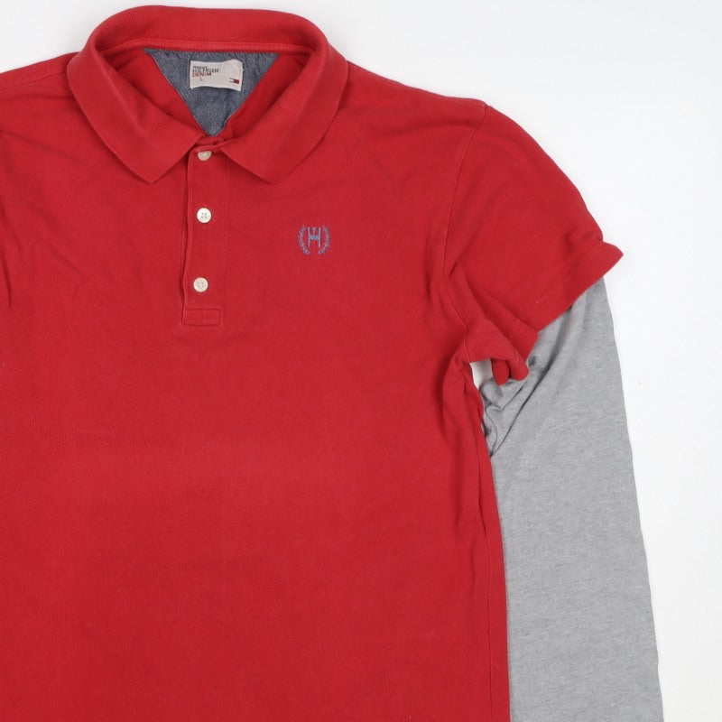 Tommy Hilfiger Men's Red Grey L Long Sleeve Layered Logo Polo Shirt