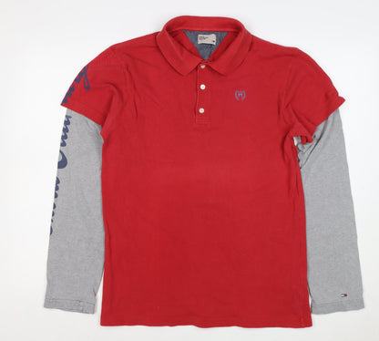Tommy Hilfiger Men's Red Grey L Long Sleeve Layered Logo Polo Shirt