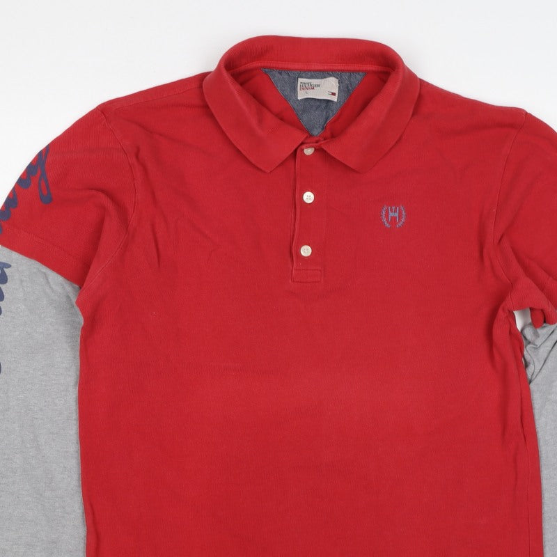 Tommy Hilfiger Men's Red Grey L Long Sleeve Layered Logo Polo Shirt