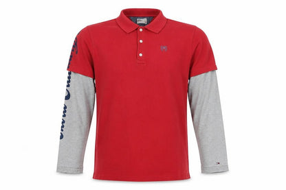 Tommy Hilfiger Men's Red Grey L Long Sleeve Layered Logo Polo Shirt