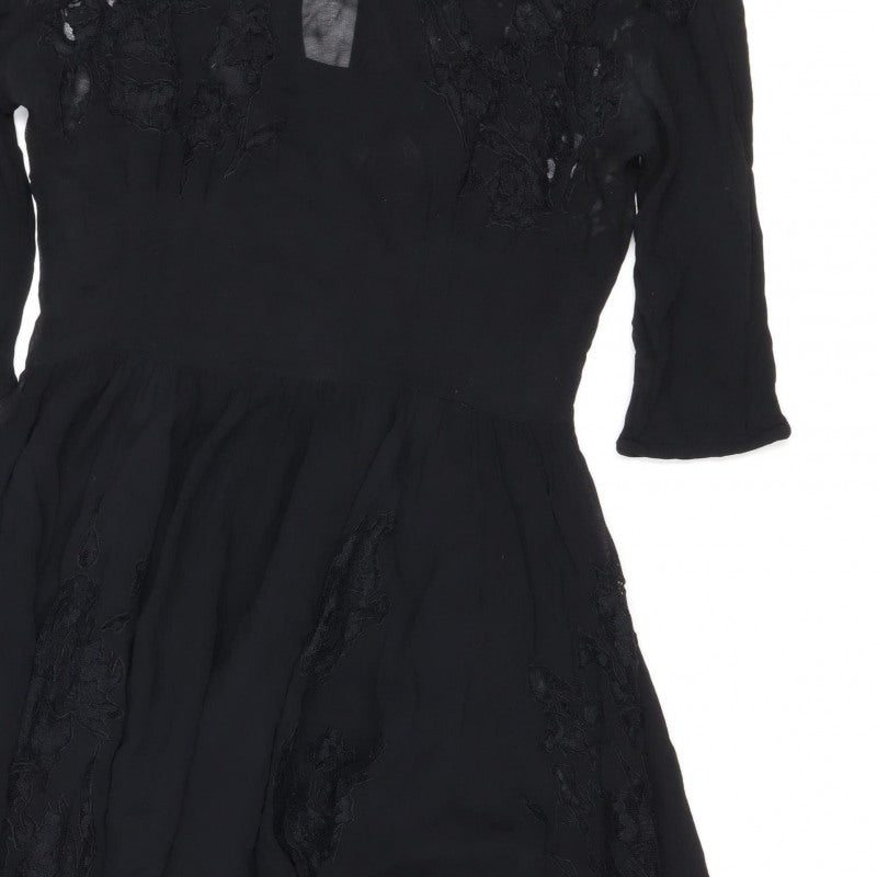 Topshop Women Black UK 10 Silk Lace Floral Fit & Flare Dress