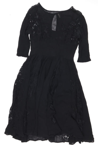 Topshop Women Black UK 10 Silk Lace Floral Fit & Flare Dress