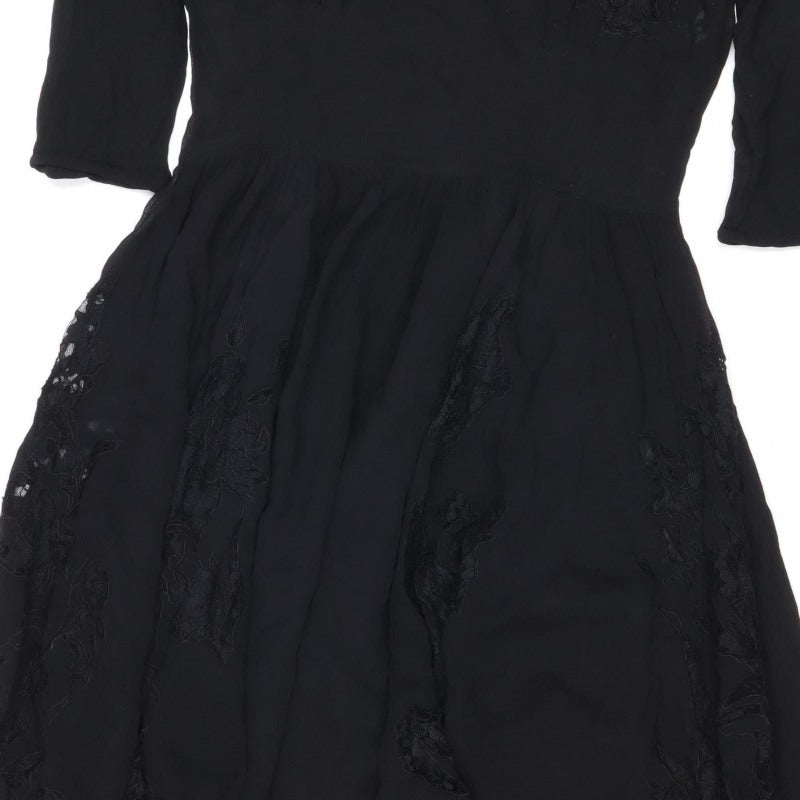 Topshop Women Black UK 10 Silk Lace Floral Fit & Flare Dress