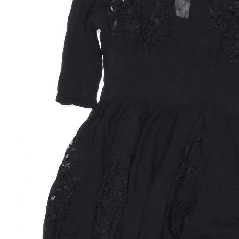 Topshop Women Black UK 10 Silk Lace Floral Fit & Flare Dress