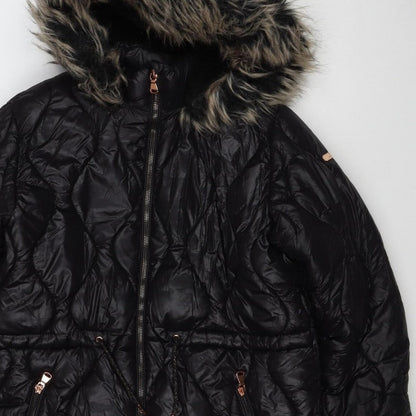 Next Girls Black 12 Years Puffer Coat Faux Fur Hood Quilted