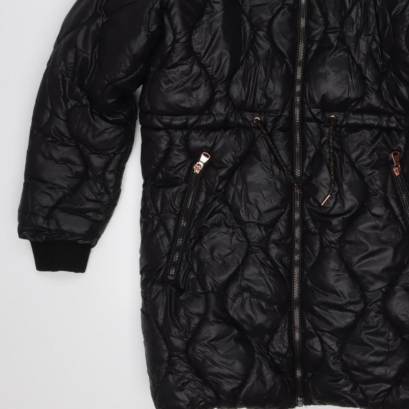 Next Girls Black 12 Years Puffer Coat Faux Fur Hood Quilted