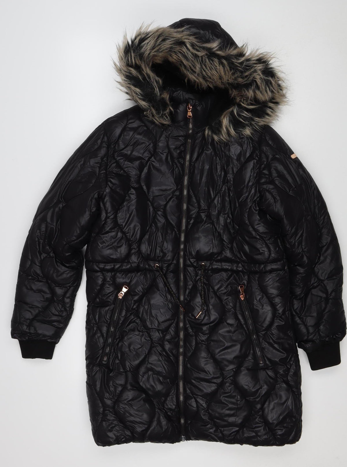 Next Girls Black 12 Years Puffer Coat Faux Fur Hood Quilted