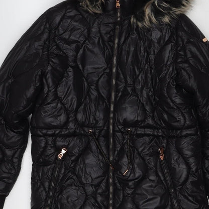 Next Girls Black 12 Years Puffer Coat Faux Fur Hood Quilted
