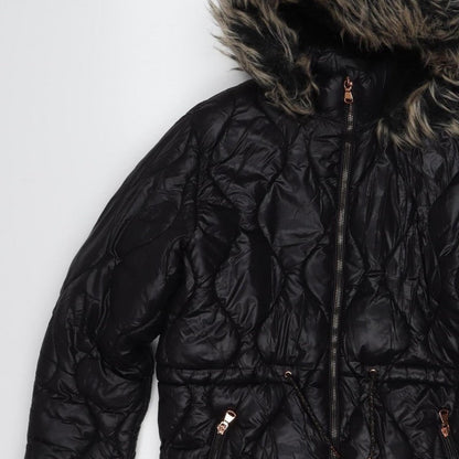 Next Girls Black 12 Years Puffer Coat Faux Fur Hood Quilted