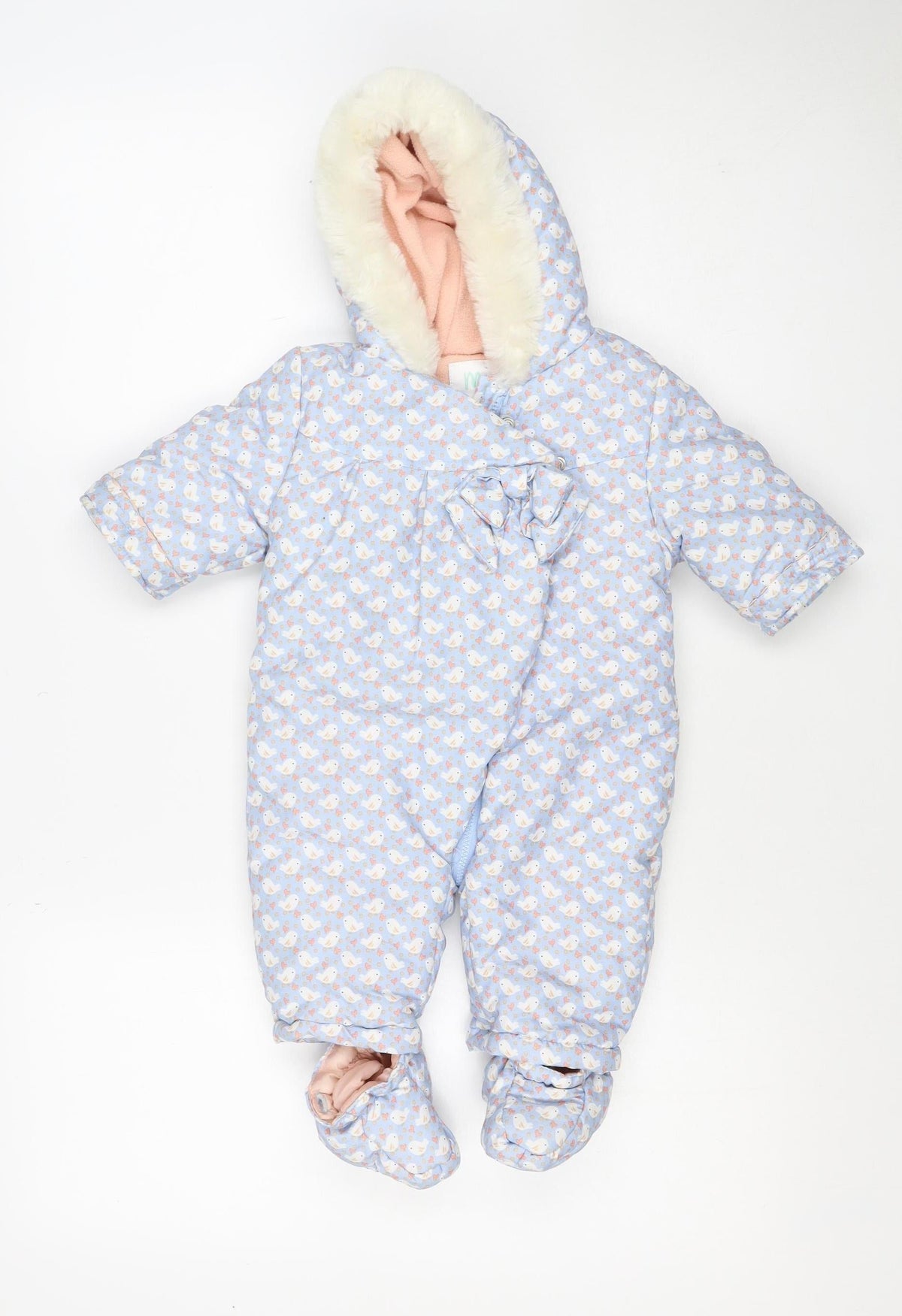Back view of Mini Club girls’ blue 3-6m puffer bunny hooded snowsuit