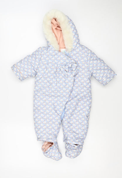 Back view of Mini Club girls’ blue 3-6m puffer bunny hooded snowsuit