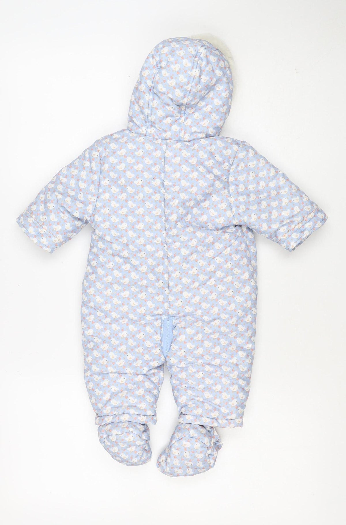 Close-up detail of Mini Club girls’ blue 3-6m puffer bunny hooded snowsuit