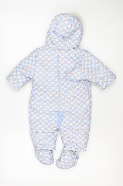 Close-up detail of Mini Club girls’ blue 3-6m puffer bunny hooded snowsuit