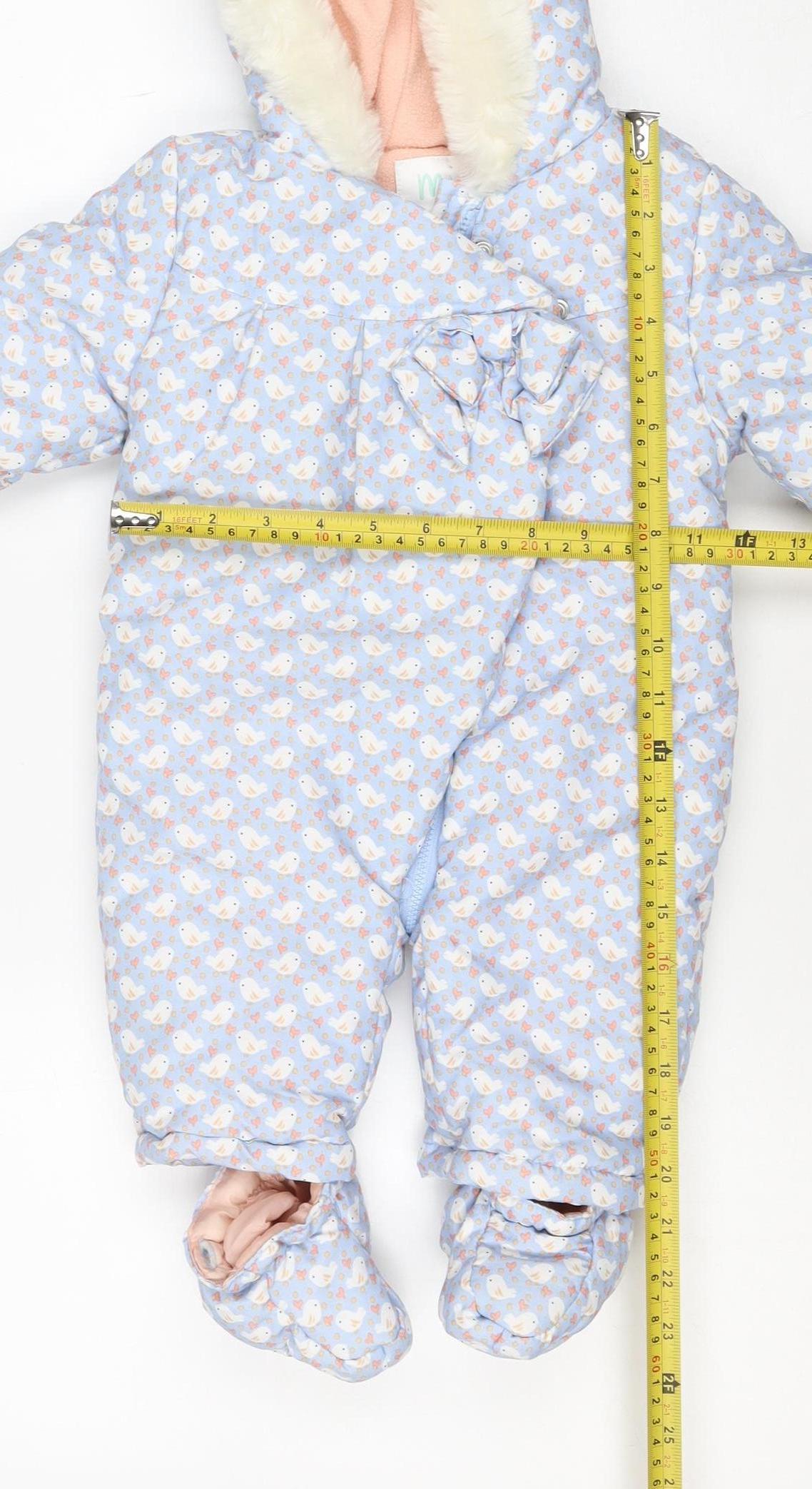 Brand and care label for Mini Club girls’ blue 3-6m puffer bunny hooded snowsuit