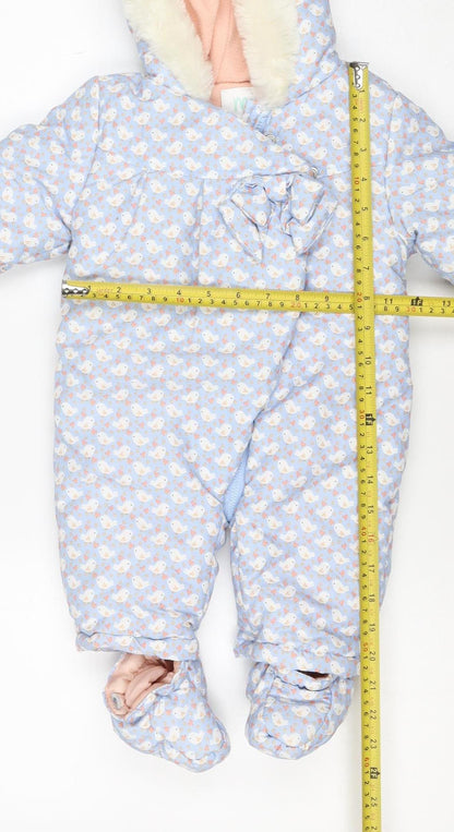Brand and care label for Mini Club girls’ blue 3-6m puffer bunny hooded snowsuit