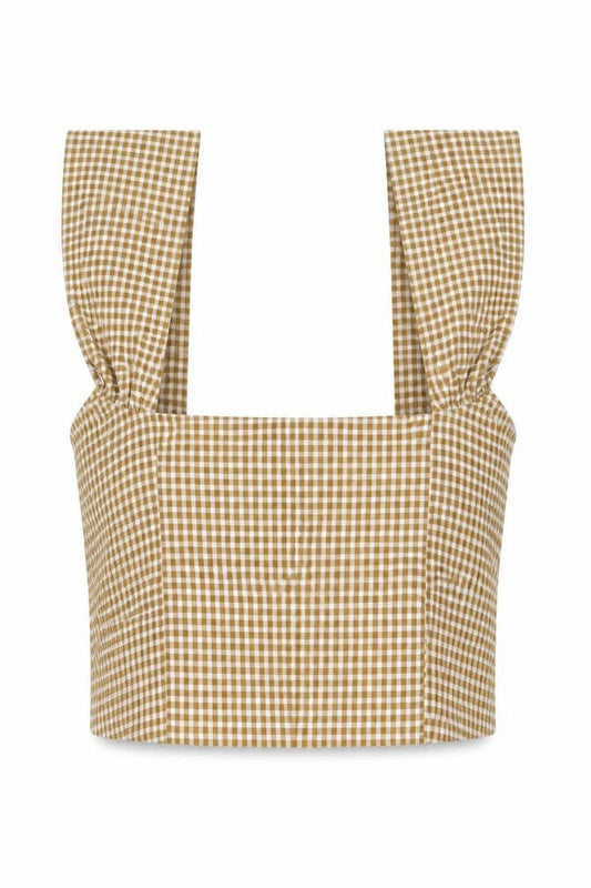 PrettyLittleThing Women's Brown Check Cropped Bell Sleeve Blouse UK 14