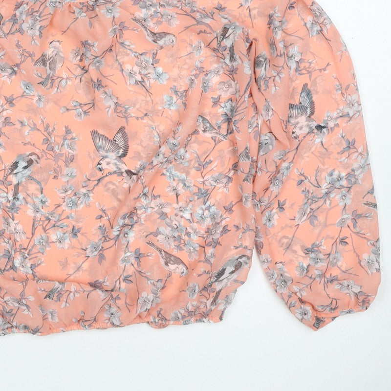 Dorothy Perkins Women Pink UK 14 Floral Bird Sheer Chiffon Blouse