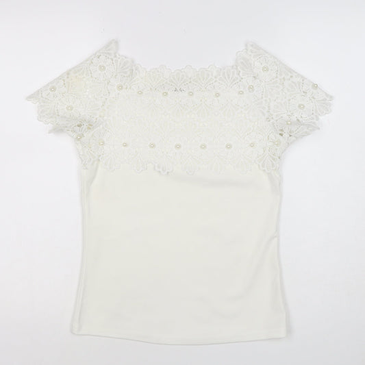 XLG Women's Ivory XL Lace Pearl Off Shoulder Floral Blouse Party