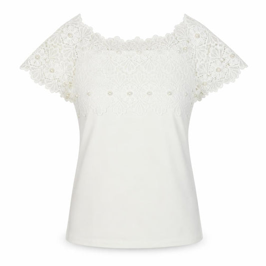 XLG Women's Ivory XL Lace Pearl Off Shoulder Floral Blouse Party