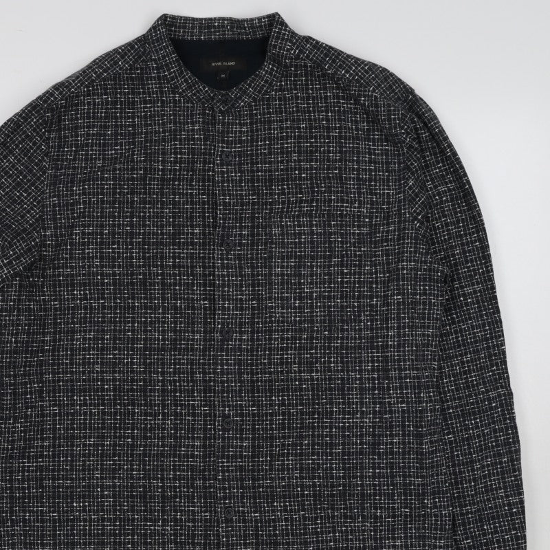 River Island Men's Black M Long Sleeve Check Band Collar Button-Up Shirt