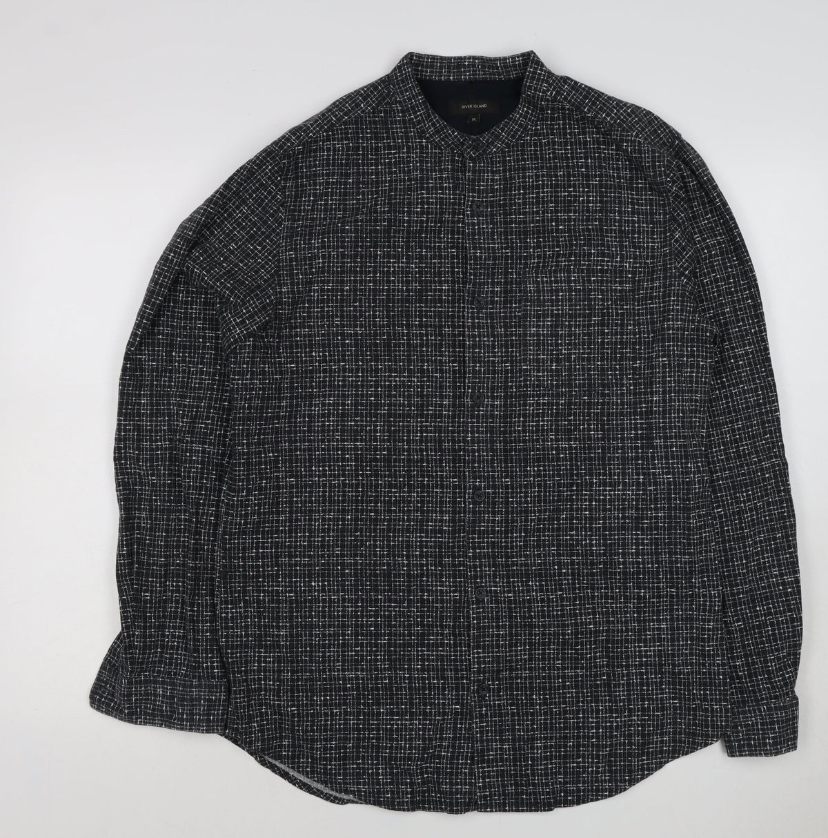 River Island Men's Black M Long Sleeve Check Band Collar Button-Up Shirt