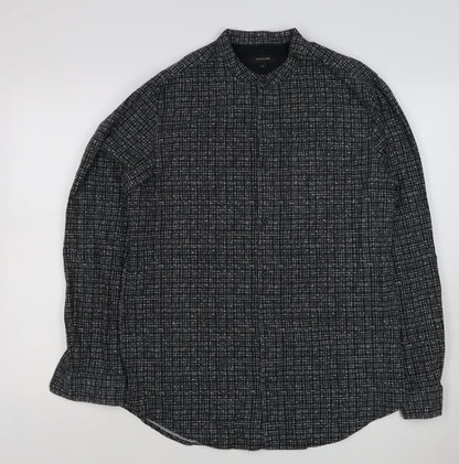 River Island Men's Black M Long Sleeve Check Band Collar Button-Up Shirt