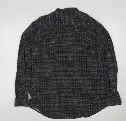 River Island Men's Black M Long Sleeve Check Band Collar Button-Up Shirt