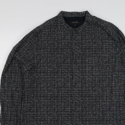 River Island Men's Black M Long Sleeve Check Band Collar Button-Up Shirt