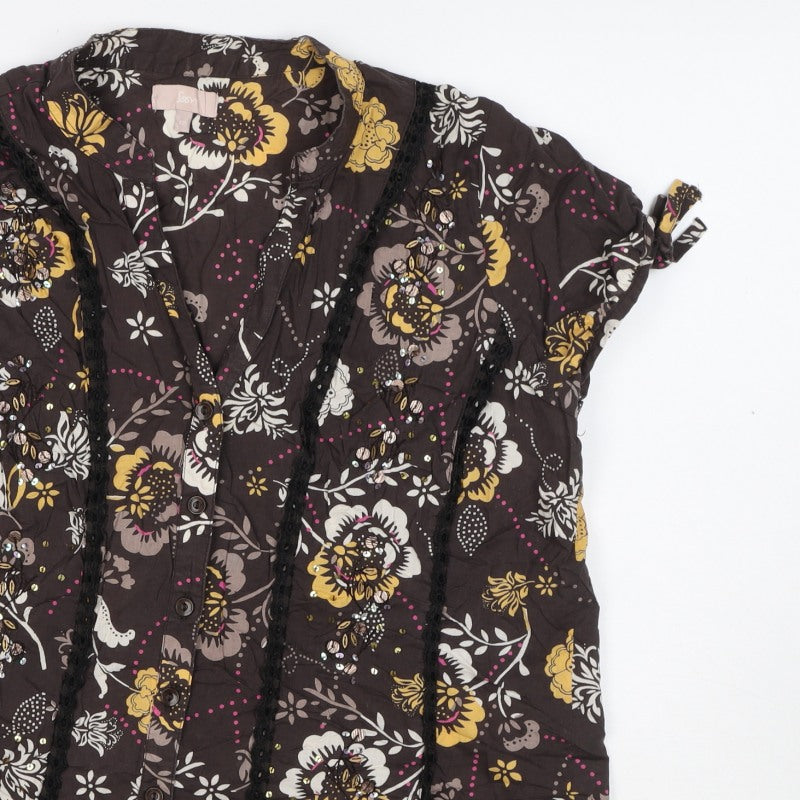 Soon Women’s Brown Floral Cotton Button-Up Tunic Top UK 12 Beaded