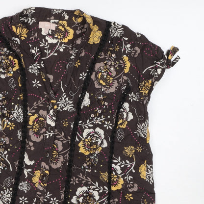 Soon Women’s Brown Floral Cotton Button-Up Tunic Top UK 12 Beaded