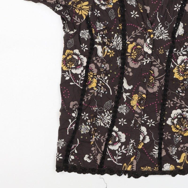 Soon Women’s Brown Floral Cotton Button-Up Tunic Top UK 12 Beaded