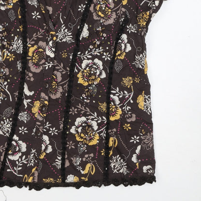 Soon Women’s Brown Floral Cotton Button-Up Tunic Top UK 12 Beaded