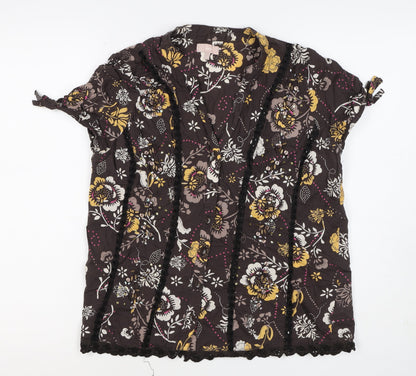 Soon Women’s Brown Floral Cotton Button-Up Tunic Top UK 12 Beaded