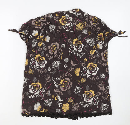 Soon Women’s Brown Floral Cotton Button-Up Tunic Top UK 12 Beaded
