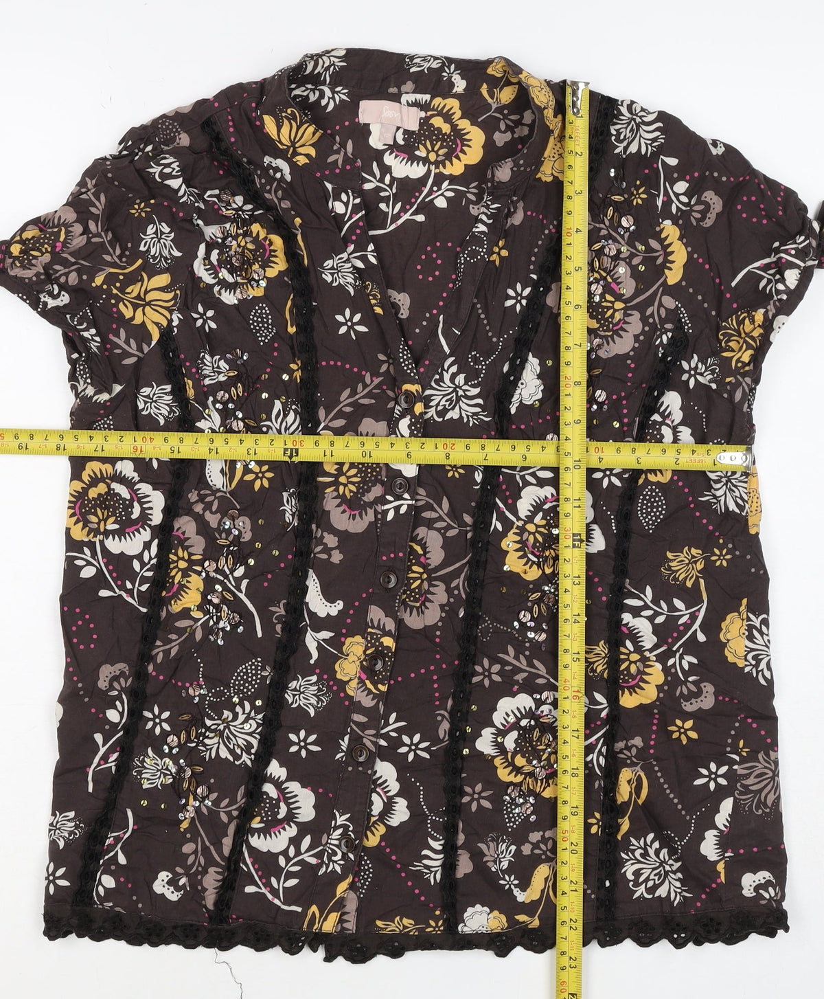 Soon Women’s Brown Floral Cotton Button-Up Tunic Top UK 12 Beaded