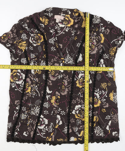 Soon Women’s Brown Floral Cotton Button-Up Tunic Top UK 12 Beaded