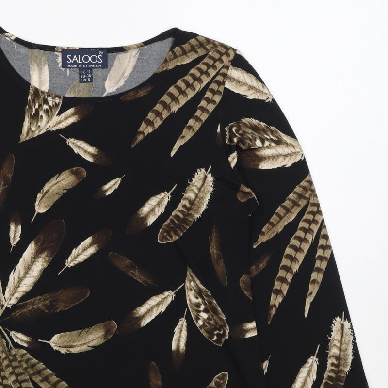 Saloos Women Black Feather Print Relaxed Tunic Blouse UK 12 3/4 Sleeve