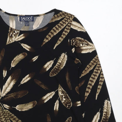 Saloos Women Black Feather Print Relaxed Tunic Blouse UK 12 3/4 Sleeve