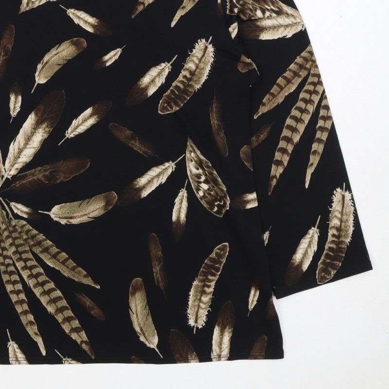 Saloos Women Black Feather Print Relaxed Tunic Blouse UK 12 3/4 Sleeve