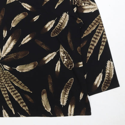 Saloos Women Black Feather Print Relaxed Tunic Blouse UK 12 3/4 Sleeve