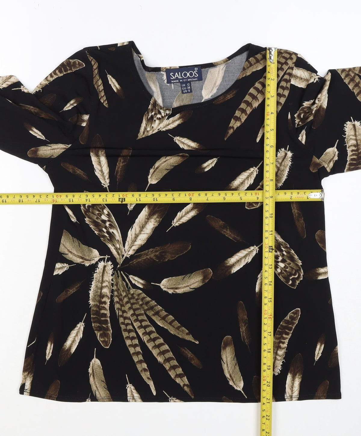 Saloos Women Black Feather Print Relaxed Tunic Blouse UK 12 3/4 Sleeve