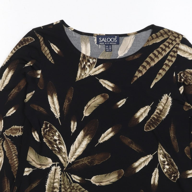 Saloos Women Black Feather Print Relaxed Tunic Blouse UK 12 3/4 Sleeve