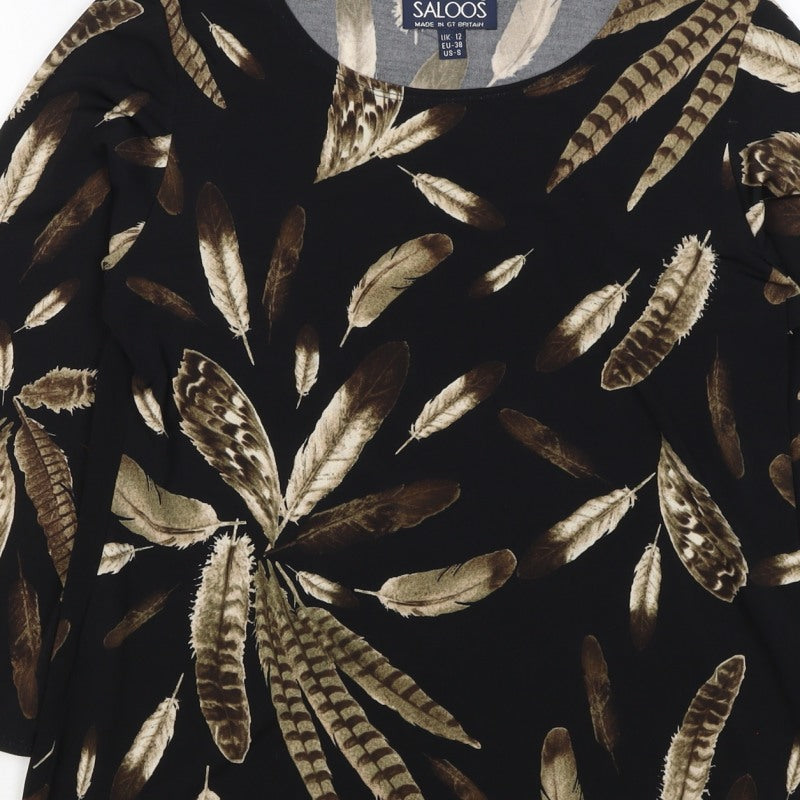 Saloos Women Black Feather Print Relaxed Tunic Blouse UK 12 3/4 Sleeve