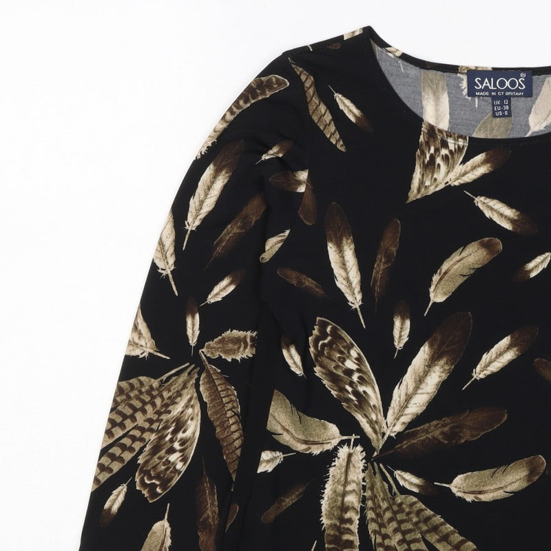Saloos Women Black Feather Print Relaxed Tunic Blouse UK 12 3/4 Sleeve